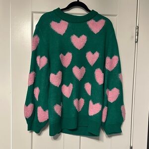 Pink Lily Green Sweater with Pink Hearts
